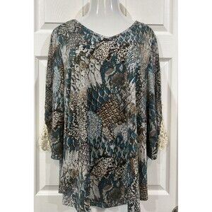 Stem & Vine Animal Print V Neck Blouse Stretch Knit Tunic Crochet Accent Plus 2X